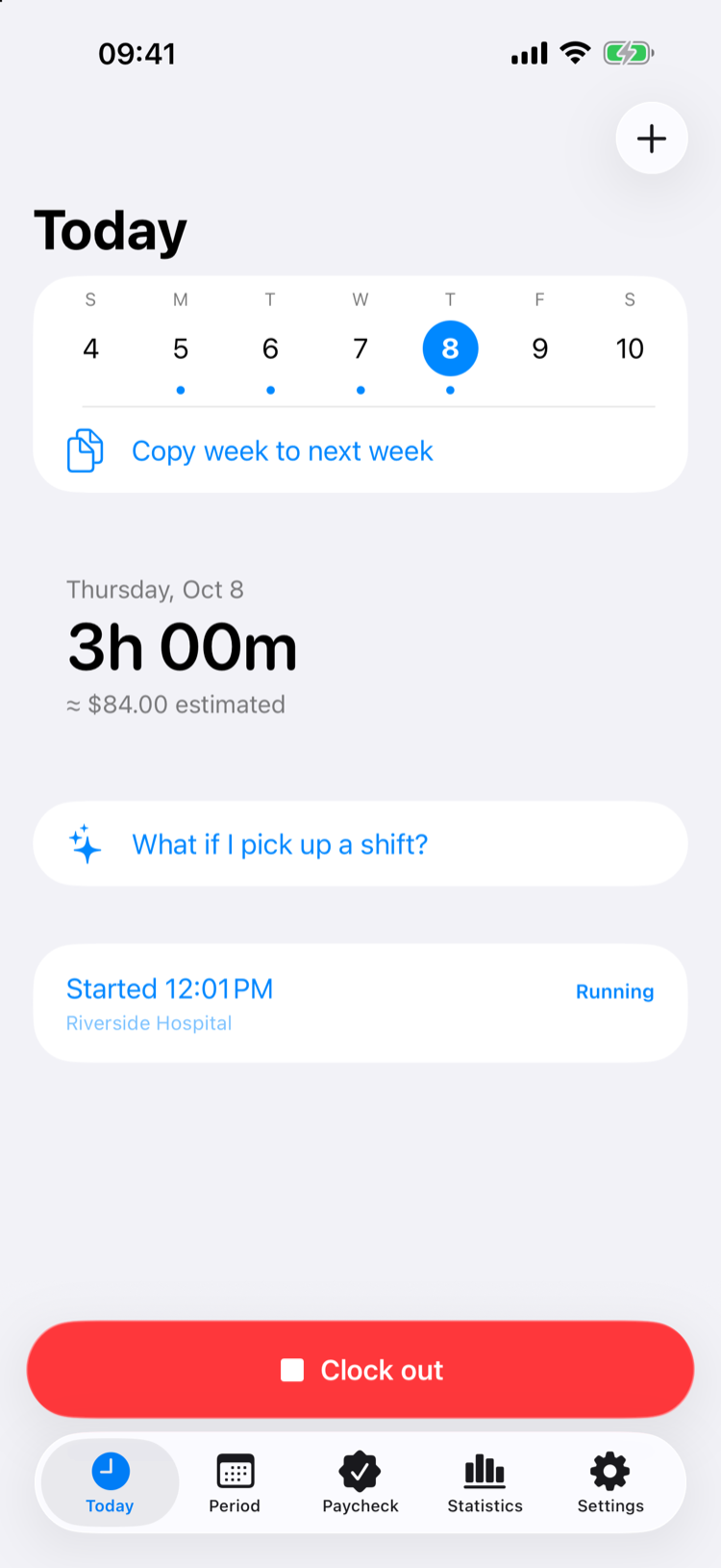 Today screen with a running shift